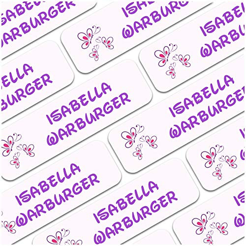 80 x Namensaufkleber Wunschname personalisiert je 3,5x1cm Aufkleber mit Kinder Name Beschriftung Schule Kindergarten Kleidung Sticker (Nr. 19 Schmetterling, Für feste Oberflächen)