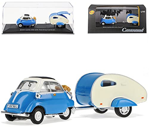 Cararama B*M*W Isetta 250 mit Anhänger Blau 1955-1962 mit Sockel und Vitrine 1/43 Modell Auto mit individiuellem Wunschkennzeichen