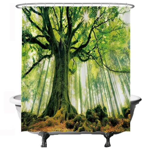 Ulticool Duschvorhang - Baum Energie Natur Hell Wald - 180 x 200 cm – Anti Schimmel - Waschbar – Wasserdicht - mit 12 Ringe - Grün
