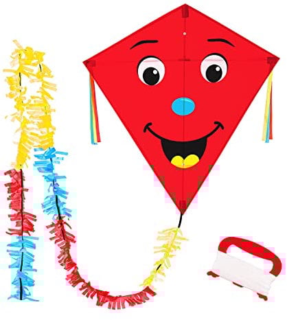 Wolkenstürmer® Eddy Smile (rot) Kinderdrachen - Flugfertiger Einleiner mit Gesicht inkl. Handgriff mit 40m Schnur - 1-Leiner Drachen mit Gestänge