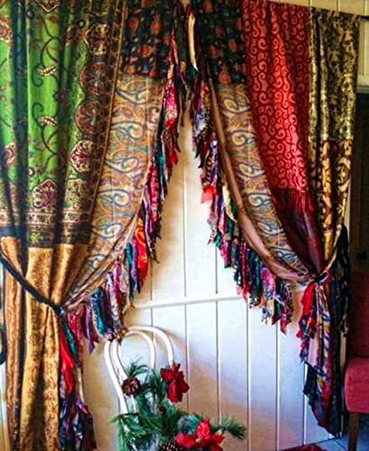 EthinicCraftHub® 2 Stück indische Vintage Licht-Filtering Sari Bunte Vorhänge - Mehrfarbige handgefertigte Patchwork-Vorhänge Vorhänge Wohnkultur Vorhang