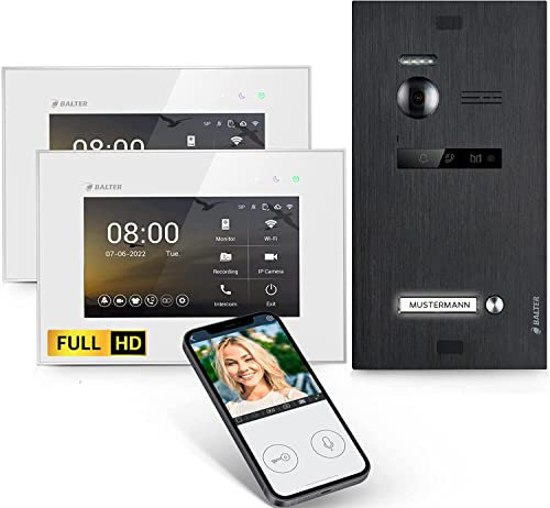Balter EVO-HD Video Türsprechanlage, Video Türklingel, Smartphone App, 1 Familienhaus Klingel, 2X 7 Zoll HD-Monitore, Full HD-Kamera, 2 Draht Bus, Gegensprechanlage mit 175° Weitwinkel, Schwarz