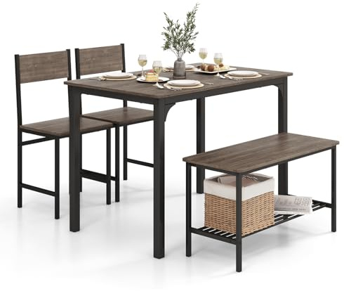 COSTWAY Dining Table and 2 Chair Set with 1 Bench, 4 Pieces Industrial Gathering Bench Set with Storage Rack, Metal Frame Dining Room Furniture for Home Kitchen Restaurant (Grey)