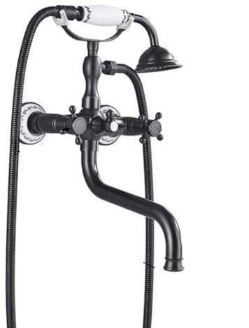 Mitigeur De Baignoire Robinet De Baignoire Noir Style Rétro Antique Mural Double Poignée Laiton Robinet Douche Avec Douchette À Main Et Flexible 1,5m, Mitigeur Bain/douche