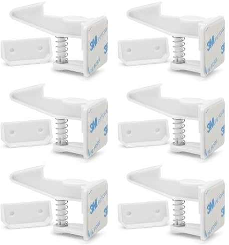 6PK Child Safety Cupboard Locks, No Drilling or Tools Needed, Strong Adhesive Easy Install Baby Proof Safety Cabinet Locks Inside for Children Drawer Kitchen Closet Latches(White)