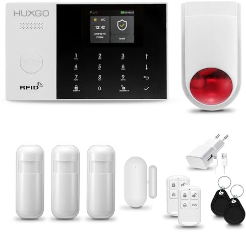 HUXGO® HXA005 Allarme casa senza fili con radio Sirena esterna WiFi + GSM | Impianto allarme casa kit con 1x sensori di allarme per finestre/portes, 3x rilevatori di movimento
