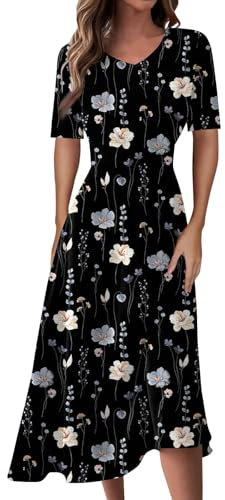 Robe Femme Chic Et Elegant, Robe De Mariée Longue Boheme Bal Tunique Femme Cocktail Mariage Tenue De Cérémonie Femme Grande Taille Robe Coton Ete Mi Longue Fluide Rose Poudré (3-Noir,XXL)