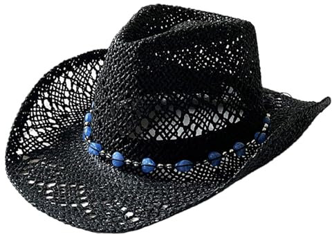 Stroh Cowgirl Hut, hohl gewebte Damen -Stroh Cowboyhut mit Perlen, UV -Schutzstroh Cowboyhut für den Sommer