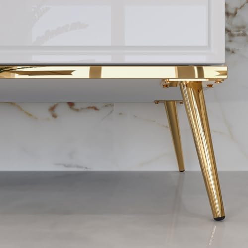 Lomadox Wohnzimmer Möbel Set Wohnwand Hochglanz weiß 5-teilig modern, 1 Lowboard, 1 Sideboard, 1 Couchtisch, 1 Vitrine, 1 Schrank mit goldfarbenen Akzenten