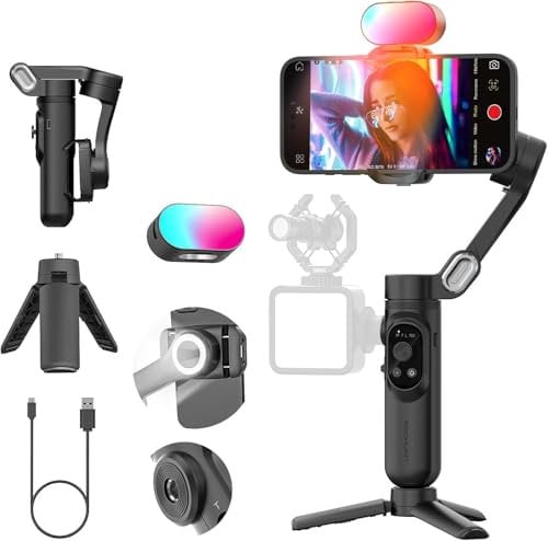 AOCHUAN Stabilizzatore cardanico portatile per iPhone 15/14 Android Phone Stabilizzatore a 3 assi per registrazione video Vlogging, gimbal smartphone con luce RGB, tracciamento AI per TikTok YouTube