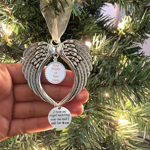BTORER Christmas Ornaments Angel Wings with Blank Photo Pendant - I Have a Angel Watching Over Me I Call -Hanging Memorial Ornament Xmas Tree Hanging Decoration in Heaven Memorial Gift (Mum)