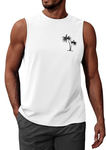 UMIPUBO Débardeur Homme Tee Shirt sans Manche Été Sport Col Rond Coton Imprimé Plantes Palmiers Plage Casual Gym Tops(Blanc A,L)