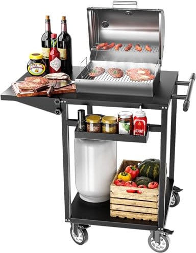 Outdoor Grill Dining Cart, Doubl-Shelf BBQ Grill Cart, BBQ Movable Food Prep Table, Portable Modular Carts with 4 Wheels for Kitchen, Pizza Oven, Patio Grilling Backyard