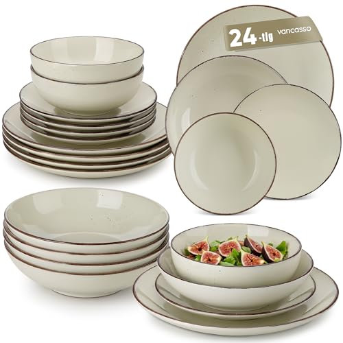 vancasso NAVIA Service de table 24 pièces (pour 6 personnes), 6 bols à céréales, 6 assiettes à dessert, 6 assiettes plates, 6 assiettes creuses, beige