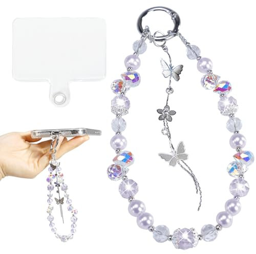 Ysnzaq Beaded Phone Wrist Strap with Detachable Butterfly Charm, Anti-Lost Hand Strap and Pearl Chain Keychain, Short Cute Phone Charm for Girls, Women, iPhone, Samsung, Galaxy and More DHL-Purple