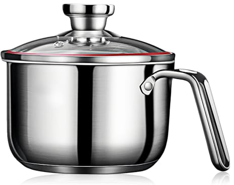 14CM Milchtopf Induktion, 1,25L Ausgießer, Edelstahltopf Glasdeckel, Spülmaschinengeeignet, Doppelwandig