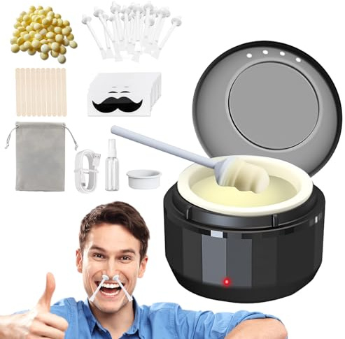 Nose Wax Kit for Men and Women, Portable Wax Melt Warmer for Facial Hair Removal with 100g Wax, 10 Applicators, 30 Nose Hair Sticks, 2 Silicone Pots, 10 Moustache Stencils and 1BTL Skin Care Oil