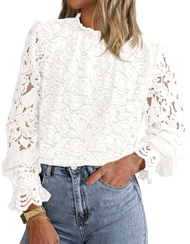 KIRUNDO Blouses for Women Dressy Casual Lace Long Sleeve Tops Mock Neck Ruffle Shirts 2026 Spring Fall Fashion Clothing(White, Medium)