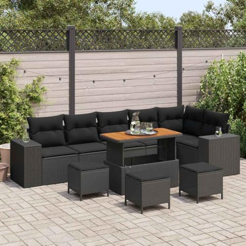 Mandloder Gartensofa-Set 10-teilig Schwarz Poly-Rattan, Modular, UV-beständig, Wetterfest, Höhenverstellbarer Tisch für Terrasse, Garten, Balkon