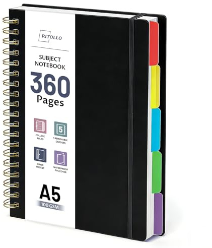 RITOLLO 360 Seiten A5 Spiralnotizbuch mit 5 Fächern, liniert im College-Stil, 100 GSM dickes Papier, großes Notizbuch mit herausnehmbaren Trennblättern für Schule, Büro, Studium und Arbeiten (Schwarz)