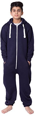 Unisex Kids Girls Boys Plain Colour Fleece Hooded Onesie, Navy, 9-10 Years