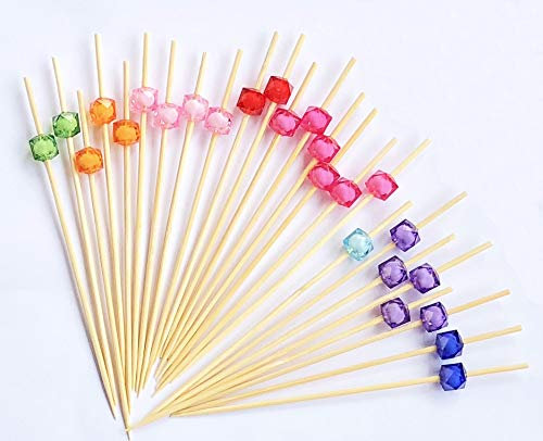AILEXI Palillos de cóctel de madera, 100 unidades, suministros para fiestas, con volantes, alimentos, frutas, sándwich, perlas acrílicas multicolor