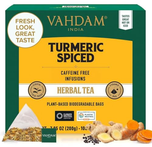 VAHDAM Té Herbal de Cúrcuma y Especias | 100 Bolsitas Piramidales | Sin Cafeína | Mezcla con Canela, Cardamomo, Jengibre, Clavo y Pimienta Negra | Ingredientes Naturales | Envasado en India