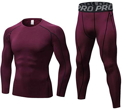 LANBAOSI Mens Long Sleeve Base Layer Compression Top and Tights Set Wicking Long Johns Wine Red