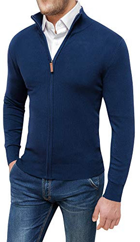 Evoga Maglione Pullover Uomo Invernale Casual Golf Cardigan con Cerniera (M, Blu Scuro)