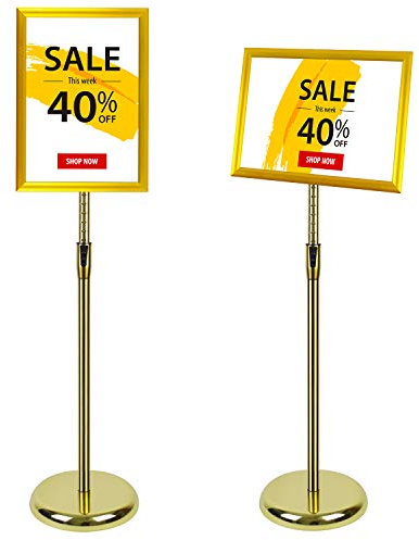 VAIIGO Porte-affiche en aluminium, support pour affiche, panneau d'affichage, présentoirs, enseigne de piédestal réglable, présentoir publicitaire remplaçable, avec base en métal robuste (Gold, A3)