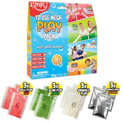 12 Use Mega Play Pack from Zimpli Kids, 3 x Gelli Play, 3 x Slime Play, 3 x Snoball Play & 3 x Crackle Baff, Children's Sensory Play Toy, Educational Learning Activity, DIY Creative Toy