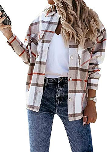 OMZIN Manteau à Carreaux pour Dames Poches Boutonnées Veste Surdimensionnée Chemise à Manches Longues Chemisier Veste De Bûcheron avec Poches sur La Poitrine
