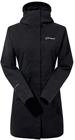 Berghaus Women's Omeara Long Length Waterproof Shell Jacket | Adjustable Fit | Two-Way Zip, Black/Black, 14
