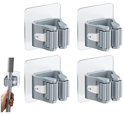 FOUTP 4 Pièces Porte-Balai Mural Auto-adhésif Porte Vadrouille Accroche Balai Mural sans Perçage Pince à Balai Supports de Balai de Vadrouille Gris Accroche Balai pour Porte Salle de Bain Gris