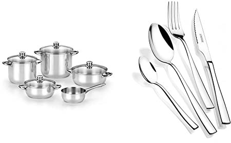 Monix Optima 2 Batería de 4 piezas Acero INOX 18/10 Apta para Todo Tipo de Cocina e inducción: Olla 20 cm + Siena Set de cubiertos de 24 piezas con cuchillo chuletero, acero inoxidable 18/10