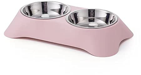 Angeer Stainless Steel Double Small Pet Bowls, Detachable Cat Food Water Dish with Anti-Slip for Cats, Durable Split Feeding Bowls for Small Pets, Cats and Pet Bowls (M, Pink)