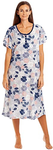 Camille Womens Floral Leaf Jersey Nightdress - Ladies Short Sleeved Lightweight Nightie - Comfortable & Breathable Nightwear with Button Fastening