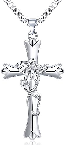 Mesovor Silver Cross Necklace for Women, Adjustable Faith Cross God Blessed Pendant Necklace | Flower Heart Love Necklace Jewelry Gifts (Daffodils-Hope)