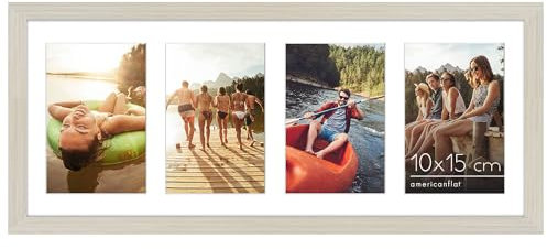 Americanflat Cadre Photo Collage Bois Clair 20,32x50,8 cm - Affiche Quatre Photos 10,16x15,24 cm Horizontale ou Verticale. Verre Résistant aux Chocs - Matériel d'Accrochage Inclus