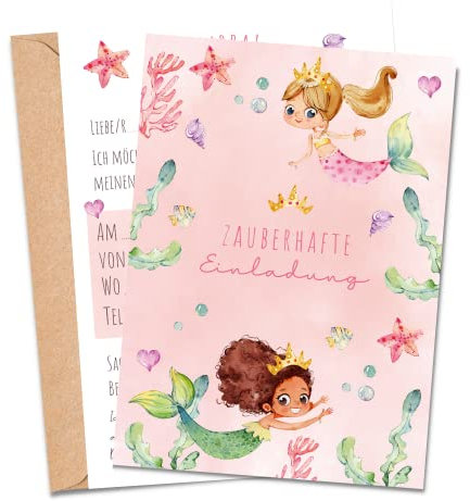 MeinBaby123® 10 Einladungskarten Kindergeburtstag Mädchen | Geburtstagseinladungen für Kinder | Meerjungfrau Einladungskarten | inkl. 10 Briefumschläge | Premium Qualität (Meerjungfrau V2)