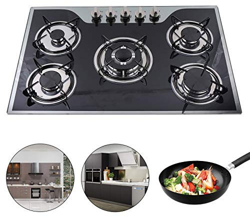 30.3 Gasherd Glas Gaskochfeld 5 Flammig | Einbau-Gaskocher für Zuhause & Wohnmobil | 5 Zonen Schwarz Glasherd Edelstahl Campingkocher für Propan und Erdgas | 10.25KW | EU STOCK