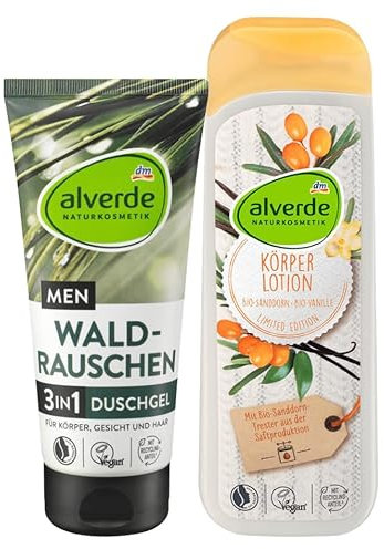 alverde NATURKOSMETIK 2er-Set Hautpflege: Duschgel WALD-RAUSCHEN 3in1 für Körper, Gesicht und Haar (200 ml) + Bodylotion Körperlotion BIO-SANDDORN & BIO-VANILLE Feuchtigkeitspflege (250 ml), 450 ml