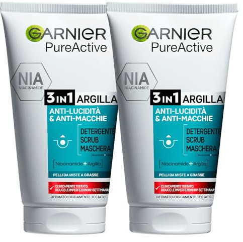 Garnier SkinActive PureActive 3in1 Reinigungs-Ton Scrub Maske mit reinigender Wirkung, Peeling, Mattierend, für Mischhaut mit Unvollkommenheiten – 2 Flaschen à 150 ml