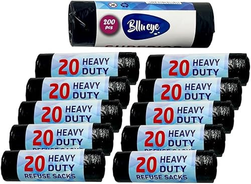 BLLU EYE - Black Heavy Duty Refuse Sack - 10 kg Kitchen Bin Liners - Everyday Use - Rubbish Large Garbage Bag – Ideal for Household, Office, 18 x 29 x 39 inches – – Pack of 600
