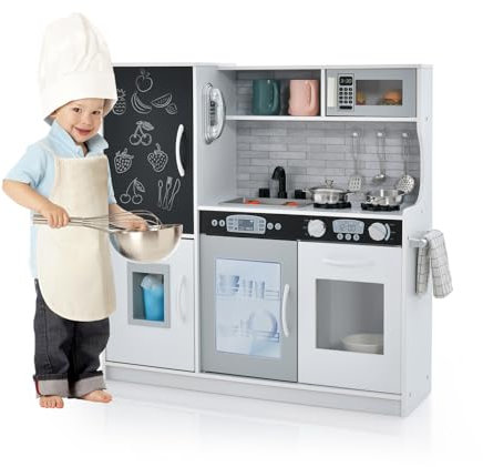 Maxmass Wooden Kids Play Kitchen, Toddler Toy Kitchens with Telephone, Chalkboard, Ice Maker, Double Stoves, Dishwasher, Cookware Accessories, Children Cooking Toy Playset for 3-6 Years Old Boys Girls