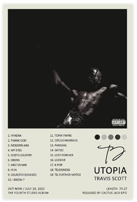 OffsuM Travis Poster Scott Utopia Album Cover Poster Leinwand Poster Wandkunst Dekor Druck Bild Gemälde für Wohnzimmer Schlafzimmer Dekoration ungerahmt 20 x 30 cm