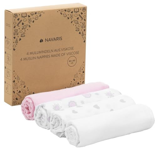 Navaris Set 4x Mussole per Neonato - Misto Cotone Fibra Bambù - Extra Soffice e Resistente - Copertina 80 x 80 cm - Fascia per Allattamento Trasporto - Bianco/Rosa