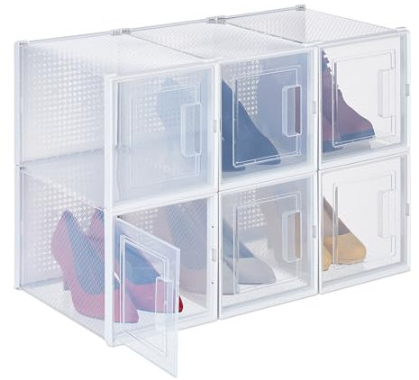 Relaxdays Schuhboxen 6er Set, für High Heels, Schuhorganizer stapelbar, bis Größe 42, Lüftungsschlitze, transparent/weiß