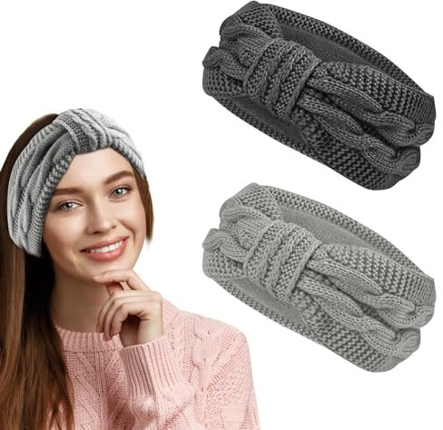 Yuqilin 2 Stück Stirnband Damen Winter, Strick Damen Verdicken Stirnband Fleece Elastizität, für Yoga Workout Vintage Haarschmuck (Dunkelgrau/Hellgrau)