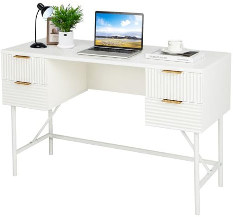SFAREST Computer Desk with Drawer, Large Study Writing Table with Metal Frame, Modern PC Workstation Desk White for Home Office (White, 120 x 48 x 75 cm)